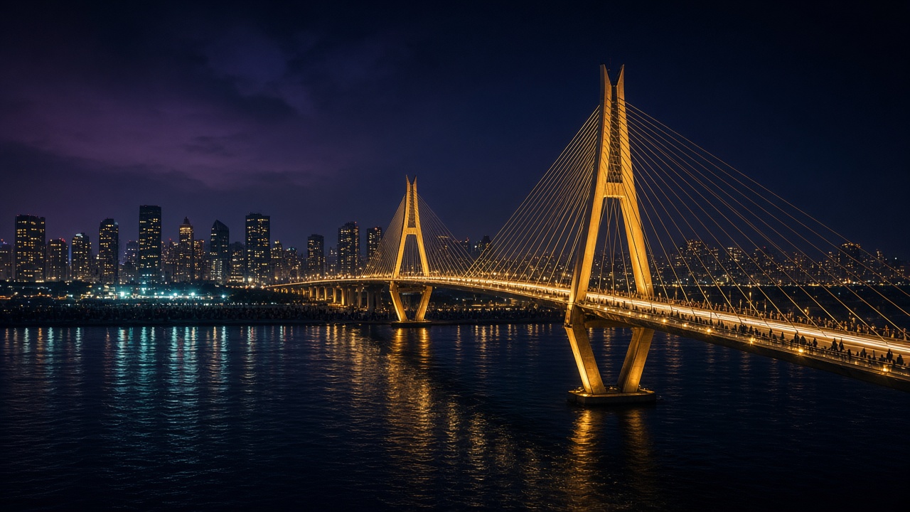 Illuminated bridge and city skyline at night